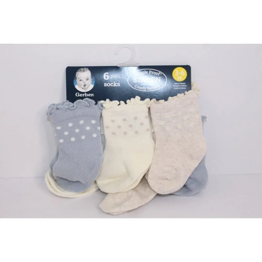 Gerber Wiggle Proof Stay On Infant Bootie Socks‎ 3-6 Months Beige Blue 6 Pack